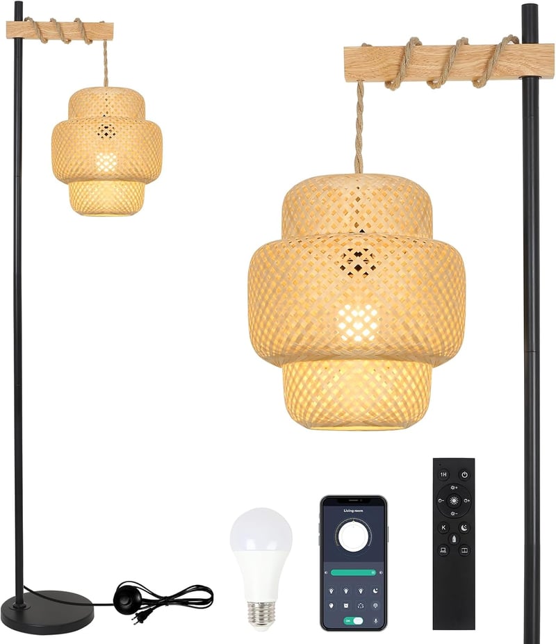 Bambusz Állólámpa Távirányítóval - Dimmelhető Ívelt Fa Lámpa App Vezérléssel, Rattan Burával, Nappali, Hálószoba, Iroda Dekorációho
