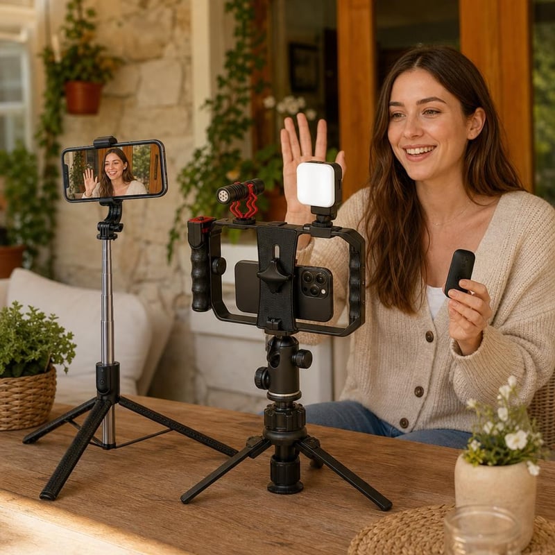 Vloggerindító videós csomag: 170 cm-es telefonállvány + RGB LED-fény + mikrofon + stabilizátor