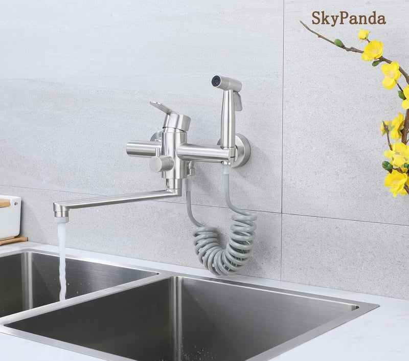 SkyPanda Fali Konyhai Csaptelep 4 Üzemmóddal - 360° Forgatható, 23 cm Kifolyócsővel, Kihúzható Zuhanyfejjel, Rozsdamentes Acél, Szálcsiszolt