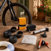 Kerékpármentő túracsomag: 26" felniszalag + belső gumi + mini pumpa + 30 db javítókészlet + szelepadapter 1