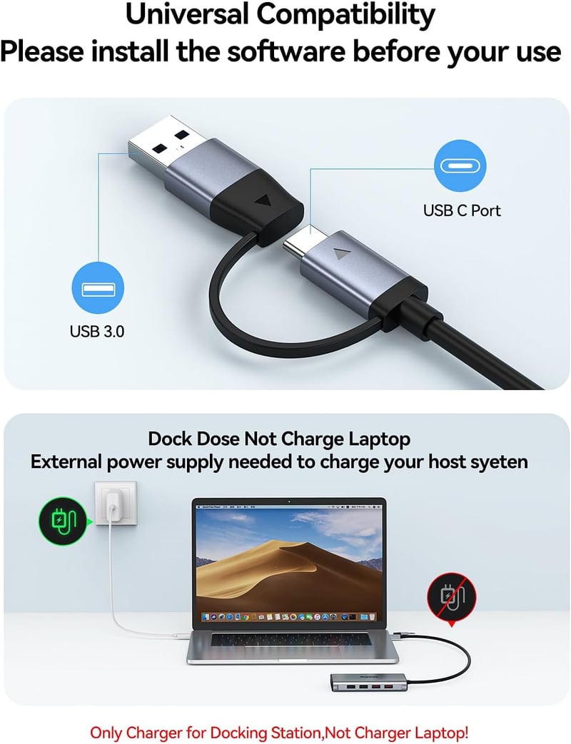 RayCue 9 az 1-ben USB-C/USB-A Dokkoló, Kettős/Hármas Monitor Támogatással, 2 HDMI, VGA, 10Gbps USB 3.1, Gigabit Ethernet, MacBook és Windows