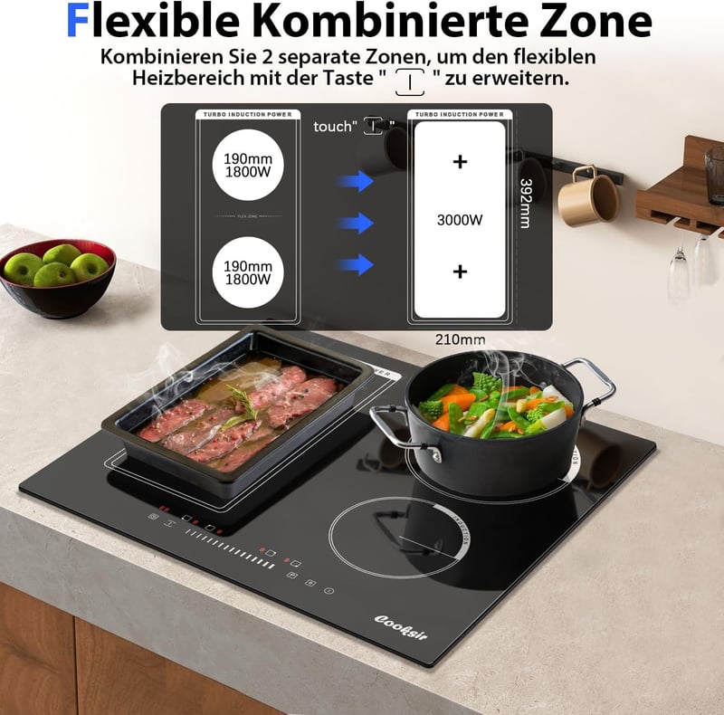 Cooksir 4 zónás indukciós főzőlap 3500W, kombinált grillzónával, 59 cm-es, dugós csatlakozással, érintőszenzoros vezérléssel, fekete üvegker