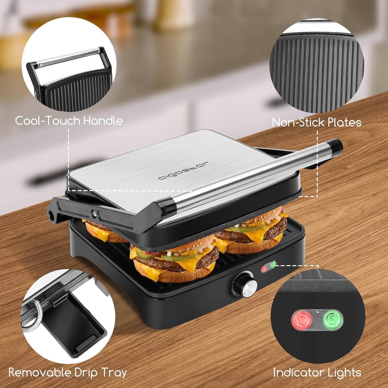 Aigostar 1500 W elektromos kontakt grill panini és szendvics sütő, ezüst színű asztali grillserpenyő