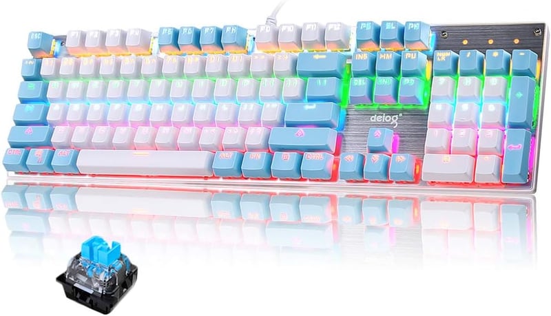 Rózsaszín mechanikus gamer billentyűzet, RGB háttérvilágítással, kék kapcsolókkal, 104 gombos