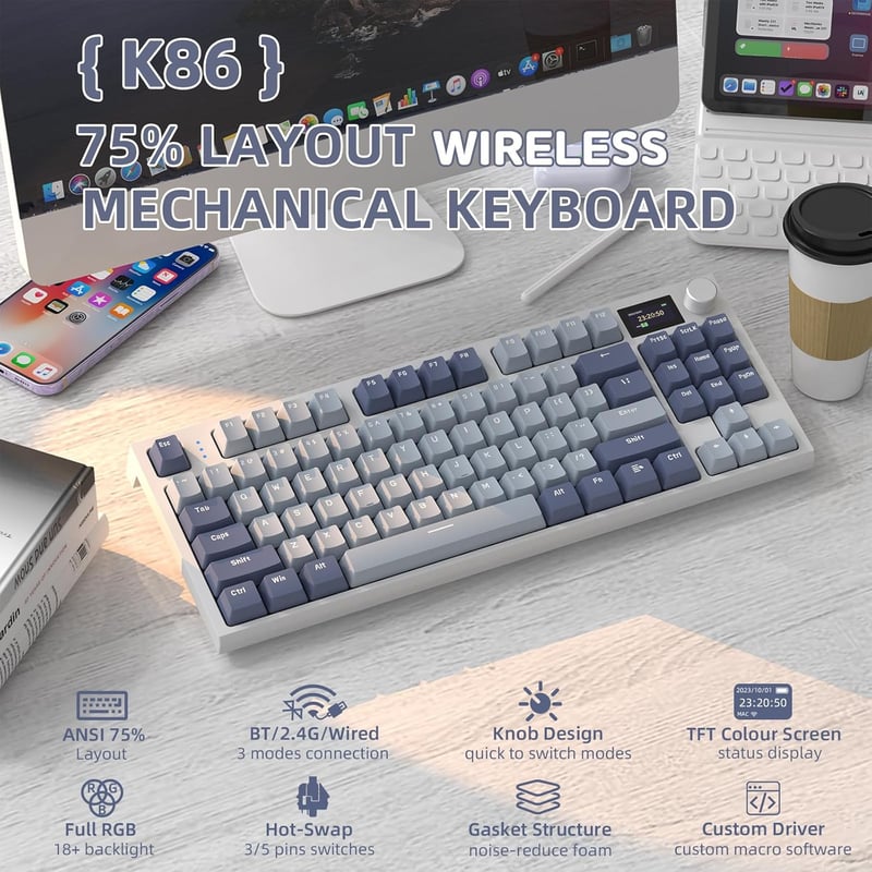 VGN GAMEPOWER K86 Mechanikus Gamer Billentyűzet, 75% TKL, RGB Háttérvilágítás, Vezeték Nélküli/Bluetooth/USB-C, Színes Kijelző, Hot Swap, Li