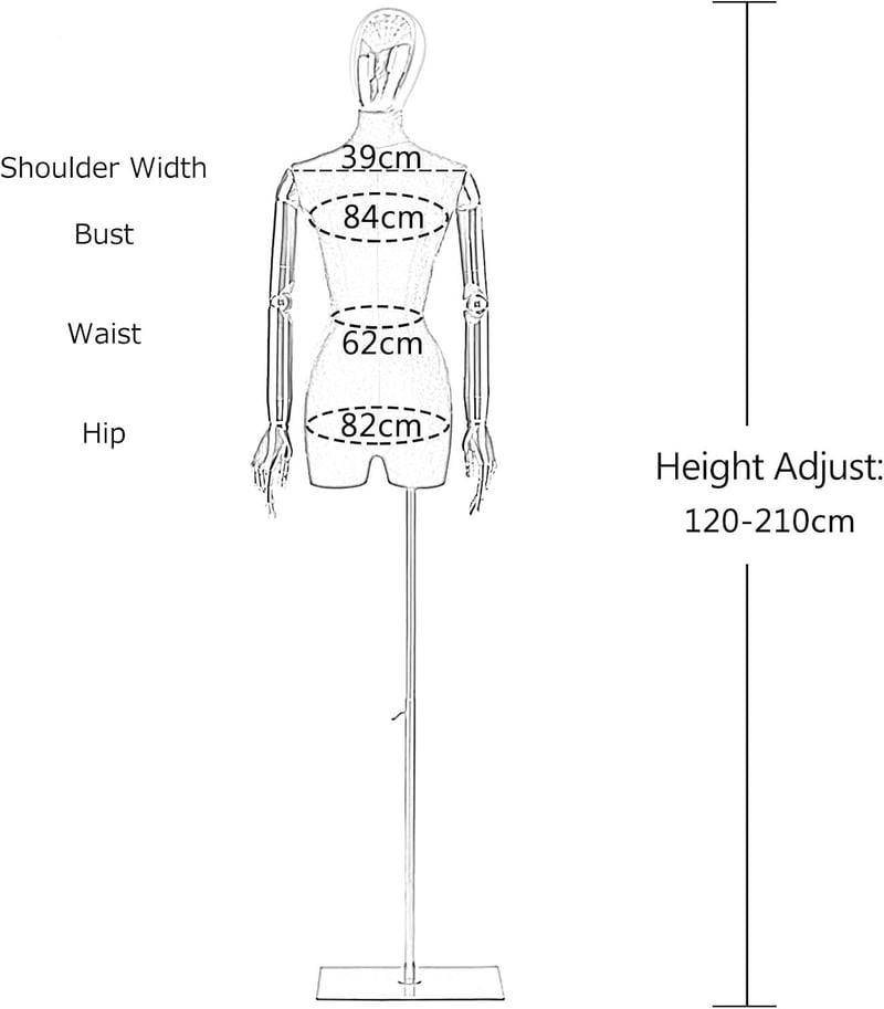 Jueraori Női Próbababa Fejjel és Karokkal - Állítható Magasságú (120-210 cm) Szabóbábu Ruhakiállításhoz, Butikokba - 84 cm Mellbőség
