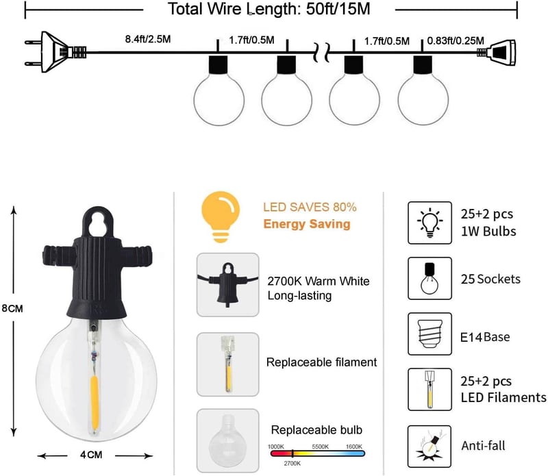 ZOTOYI Kültéri Fényfüzér 15m - 25 db G40 LED Izzóval, IP65 Vízálló, Meleg Fehér, Törésálló, Energiatakarékos Dekorációs Világítás Esküvőre, 