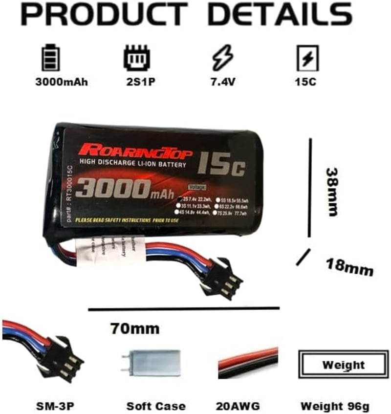 RoaringTop 7.4V 3000mAh RC autó akkumulátor - Kompatibilis DE43, DE60 modellekkel