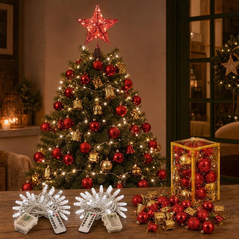 Blještavilo bora: 2x LED lampice + 32x kuglice + LED zvijezda za vrh