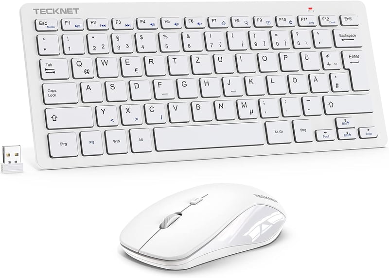 TECKNET Vezeték Nélküli Billentyűzet-Egér Szett, Német QWERTZ Kiosztás, 15m Hatótáv, Csendes Gombokkal, PC/Laptop/Smart TV Kompatibilis, Feh