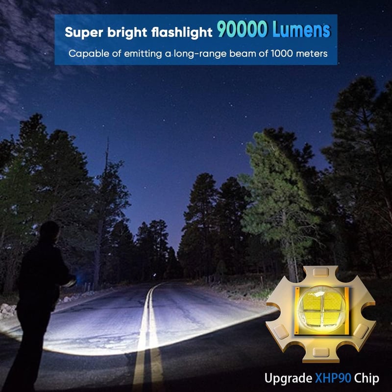 XHP90 LED zseblámpa, 90000 lumen, USB tölthető, vízálló, 5 üzemmód, 4800mAh akku