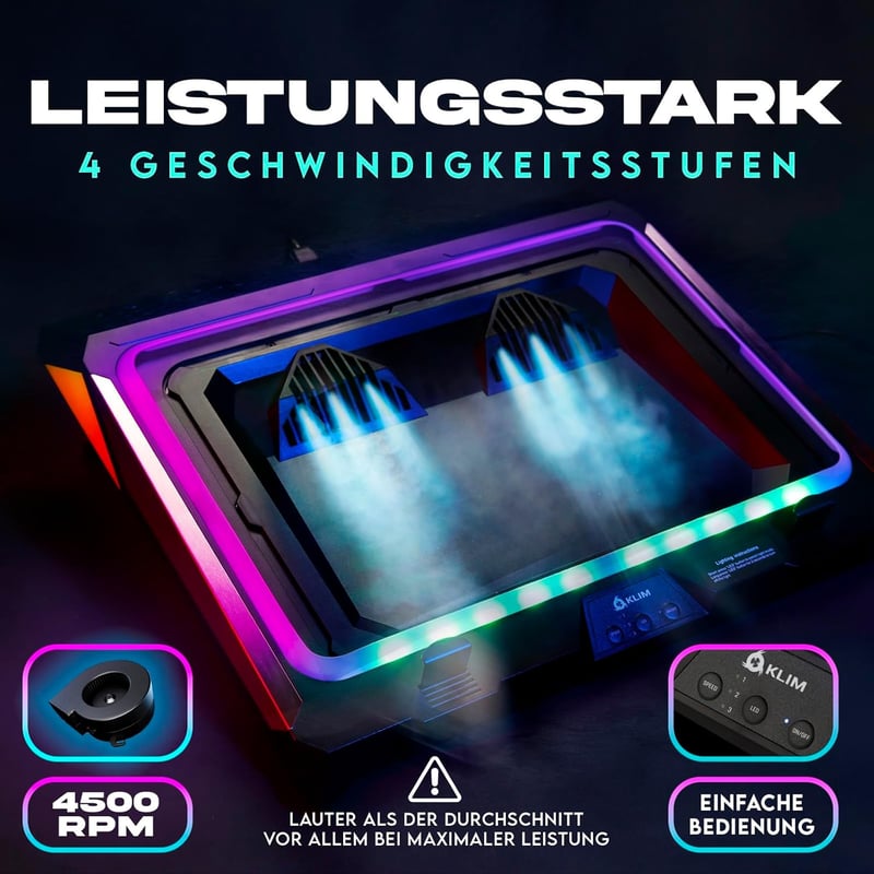 KLIM Mistral Laptop Hűtő - Nagy Teljesítményű Turbó Ventilátor (4500 rpm) - Gumis Tömítés - Túlmelegedés Elleni Védelem - 15-17 Colos Gamer 