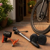 Kit reparații bicicletă: pompă manuală + adaptor ventil + 2 camere Presta 1