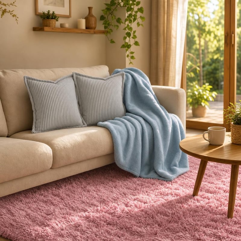 Pastel Home Decor set: shaggy koberec + deka + 2x pruhovaná obliečka