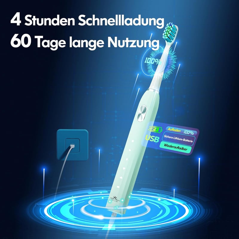 DADA-TECH Elektromos Fogkefe - Szónikus Technológia 5 Tisztítási Móddal, Időzítővel, 9 Pótfejjel, Felnőtteknek és Gyerekeknek (Zöld)