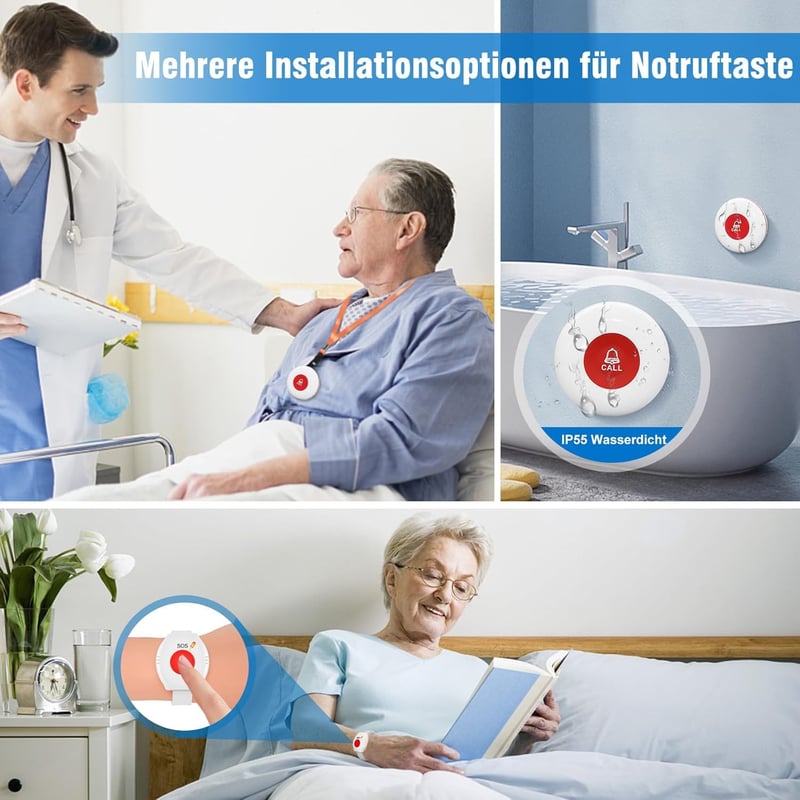 Daytech Vészjelző Gomb Időseknek - Otthoni Segélyhívó Rendszer Karkötővel, 150m Hatótáv, 110dB Hangjelzés, 2 Vevő + 2 Jeladó + 2 SOS Karkötő