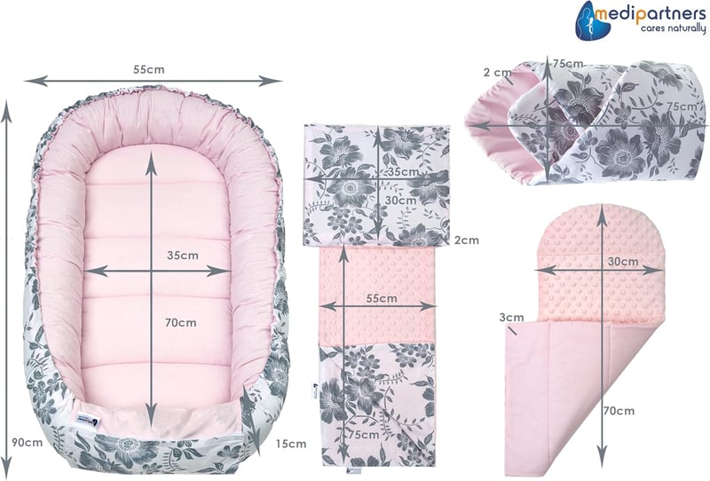 Medi Partners Baba Fészek Szett 100x60 cm - 5 részes, Kivehető Betéttel, Takaróval, Újszülötteknek, 100% Pamut, Bogyó-Rózsaszín Plüss