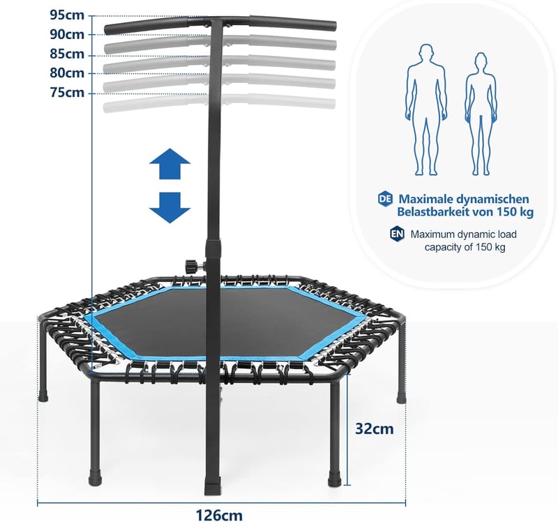 Yorbay Fitness Trambulin 126cm - Állítható Magasságú Beltéri Ugrálóeszköz 150kg Teherbírással