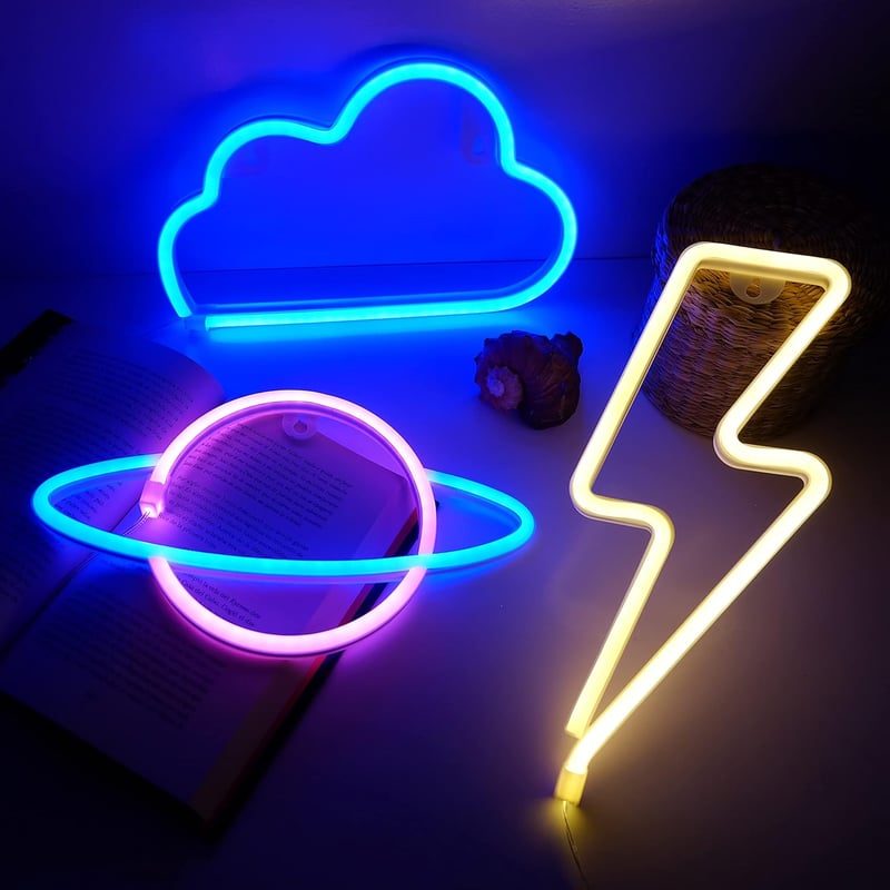 NELUX 3 db-os LED Neon Fali Dekoráció Szett - Villám, Bolygó és Felhő Formák Gamer Szobába - USB vagy Elemes Működés, Modern Világítás