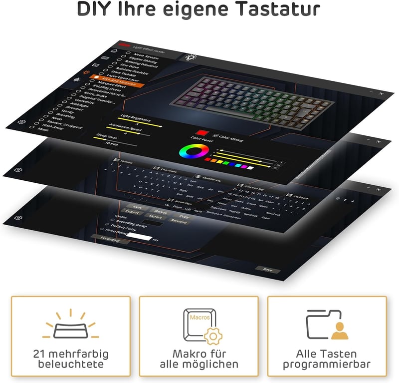 RK ROYAL KLUDGE RK84-DE 75% Kompakt Mechanikus Gamer Billentyűzet, Kék Kapcsolók, RGB Háttérvilágítás, Bluetooth/2.4GHz, Mac és Windows Komp