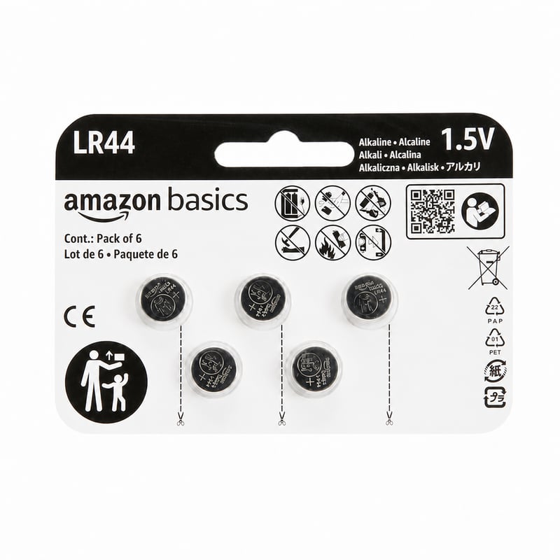 Alkalická gombíková batéria Amazon Basics LR44 1,5 V, bez ortuti, balenie 5 ks (1 ks chýba)