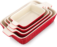 MALACASA 4 részes piros porcelán sütőtál készlet, kerek forma, tapadásmentes, fagyasztható, mosogatógépben mosható, hőálló tálak 9-13,3" mér 1