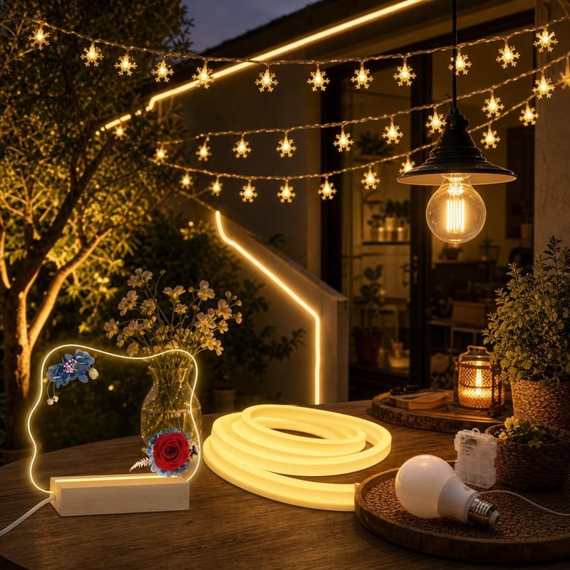 Pachet Magie de Seară: lampă trandafir LED + bandă LED 2m + ghirlandă 6m + bec E27