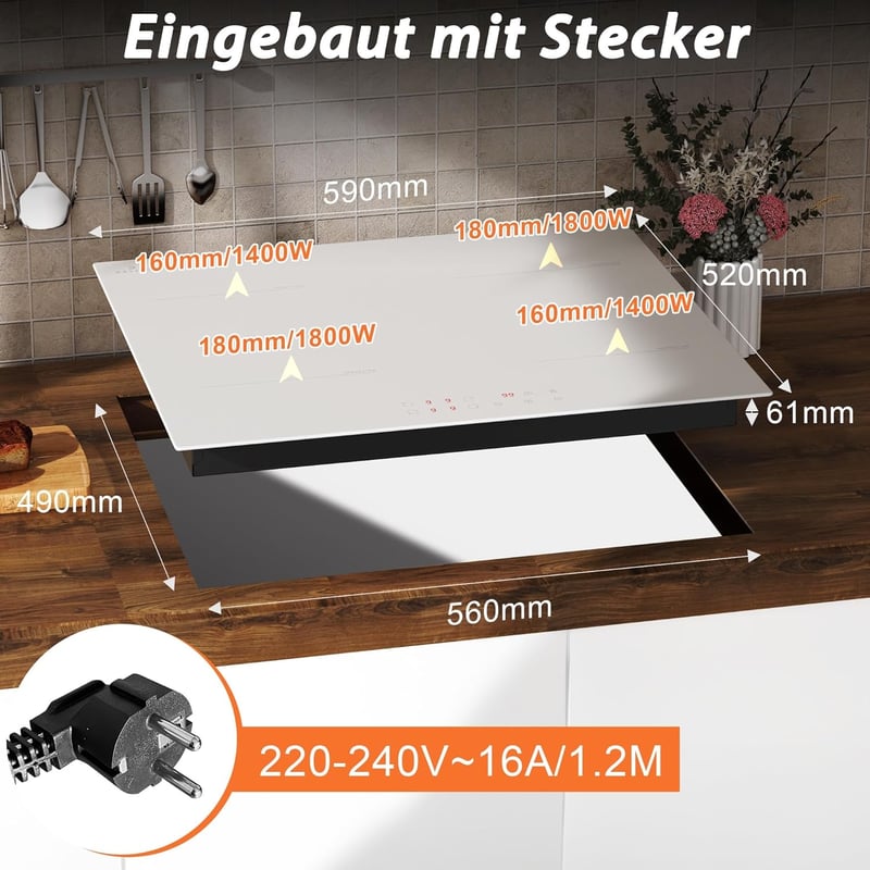DELITEER Indukciós Főzőlap 4 Zónával, 59 cm Beépíthető, Fehér Kerámiaüveg, 3500W, 9 Teljesítményszint, Gyerekzár, Érintőgombos Vezérlés, 230
