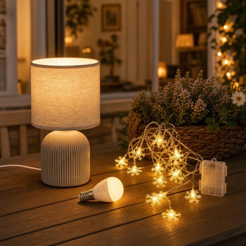 Set za ugodnu atmosferu: 1x E14 LED žarulja + 1x 6m LED svjetlosni niz + 1x stolna lampa sjenilo