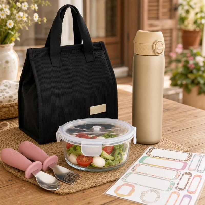 Sada na desiatu: 900ml box + 500ml fľaša + príbor + chladiaca taška + 12x menovka