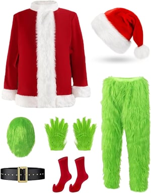 Costum Monstrul Verde BootyBay pentru Adulți - Set de 7 Piese Grinch Moș Crăciun, Costum pentru Halloween, Carnaval și Petreceri de Crăciun