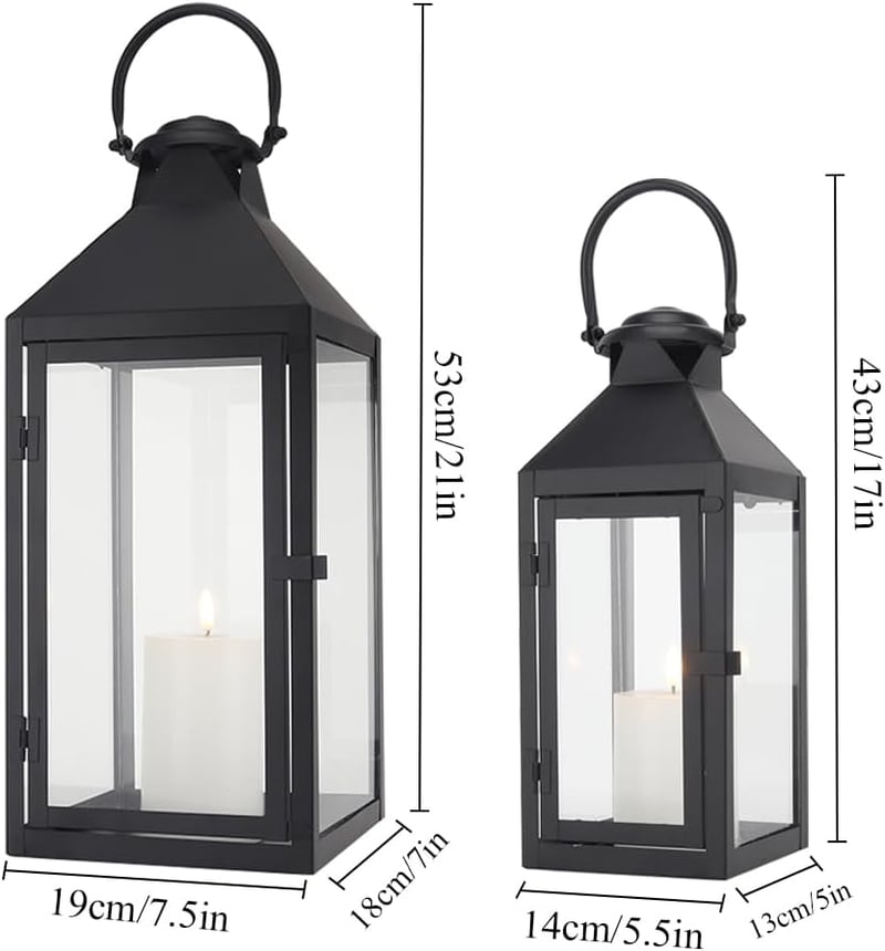 JHY DESIGN Fekete Fém Lámpás Szett - 44,5 cm és 24 cm Magas Vintage Stílusú Dekorációs Lámpások Beltéri és Kültéri Használatra, Esküvőkre, R