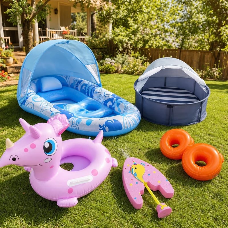 Nyári pancsoló: baba úszógumi + napernyős medence + permetezős deszka + karúszó + UV sátor szúnyoghálóval
