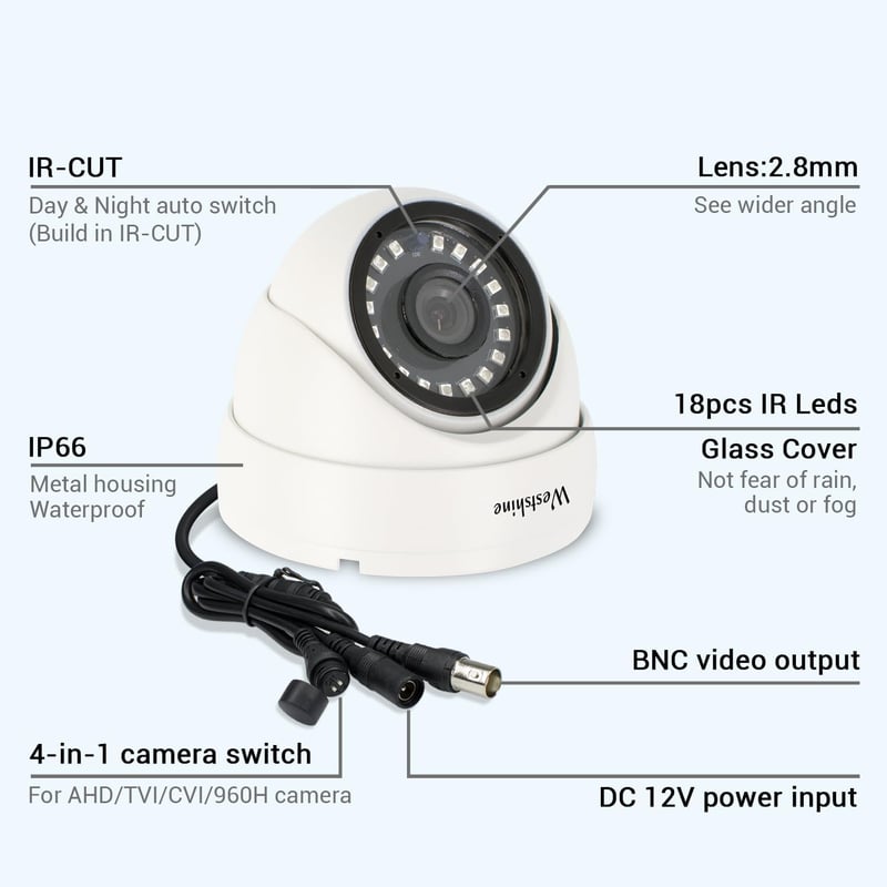 WESTSHINE 1080P Kültéri Biztonsági Dóm Kamera - 4-in-1 Kompatibilitás, 2.8mm Széles Látószög, 65 Láb Éjjellátó, IP66 Vízálló, Fém Ház