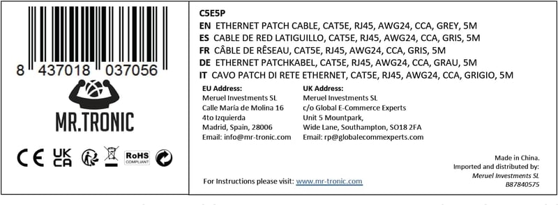 Mr. Tronic 5m-es Cat5E Ethernet kábel, gyors internethez, RJ45 csatlakozóval, szürke