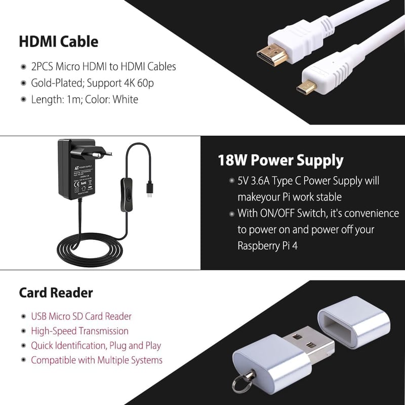 GeeekPi Raspberry Pi 4 Kezdőkészlet 8GB RAM, 128GB SD Kártyával, Passzív Hűtésű Alumínium Házzal, 5V 3.6A Tápegységgel és 2db 4K HDMI Kábell