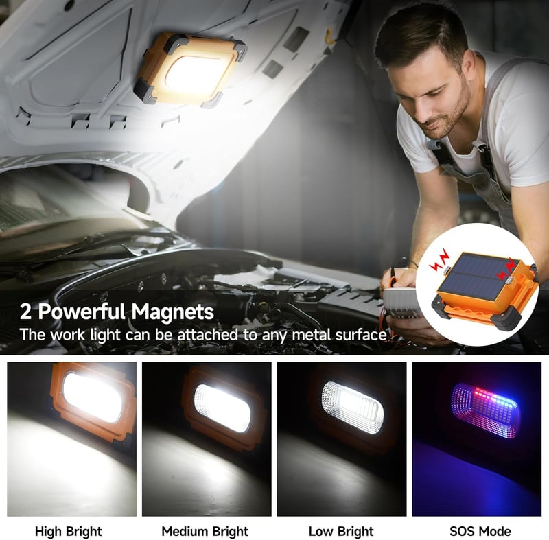 Stone Banks 80W Napelemes LED Munkalámpa 4 Üzemmóddal - 11000 mAh USB Akkumulátor, IP65 Vízálló, Mágneses, 5000 Lumen - Autószereléshez, Kem