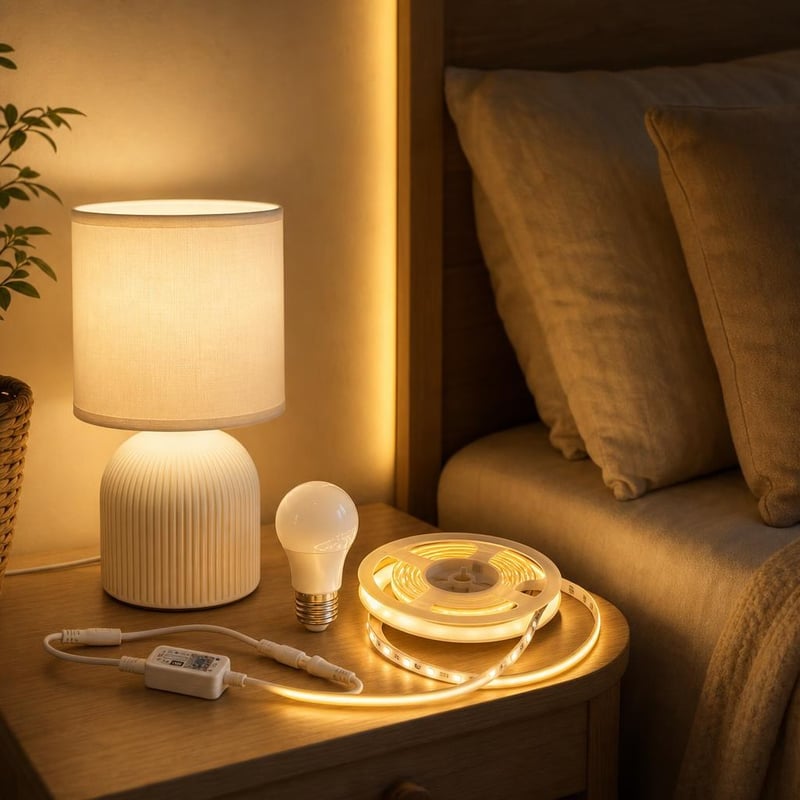 Pachet iluminat ambiental: 1x bec E27 + 5m bandă LED + lampă de masă cu abajur textil