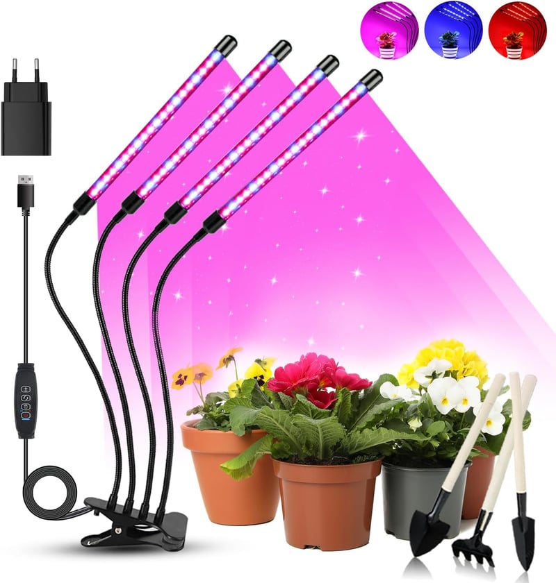 Niello LED Növénylámpa 80 LED-del - Teljes Spektrumú Növénynevelő Lámpa 10 Fényerőszinttel, 3 Móddal, 4 Fejjel és Időzítővel Kertészkedéshez