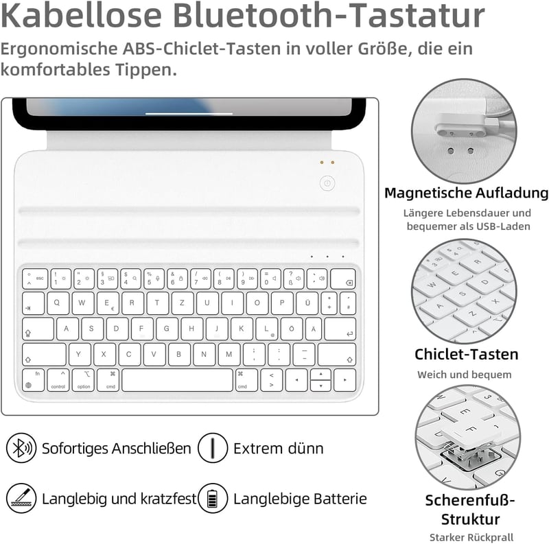 HOU Billentyűzetes Tok iPad 10. Generáció 10.9" 2022 - Állítható Szögű Smart Folio Mágneses Töltéssel Fehér
