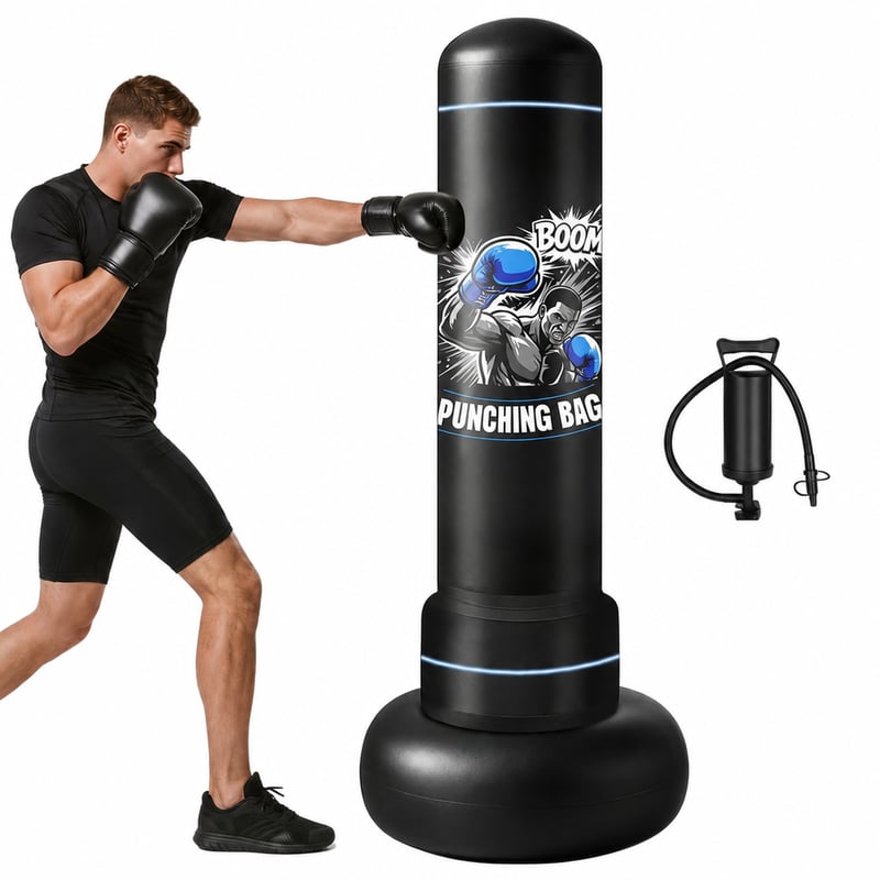 Qoosea Felfújható Álló Boxzsák 180 cm Felnőtteknek Pumpával PVC Kickboxing Karate MMA — bokszkesztyű hiányzik (állapot: lásd a 2. képet)