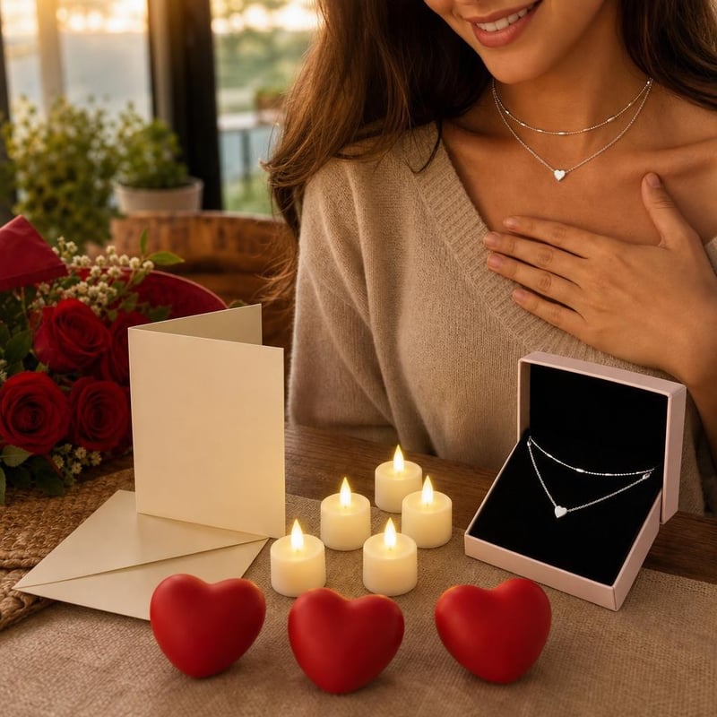 Valentin paket Srčani ritam: choker s privjeskom + 6 LED svijeća + 3 srca + čestitke