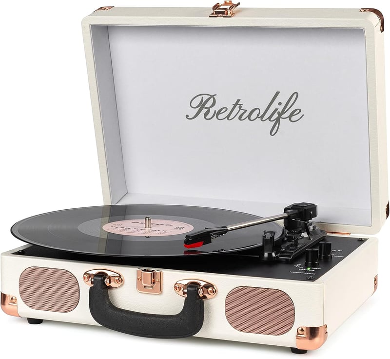 Hordozható Bluetooth lemezjátszó 3 sebességgel, beépített hangszórókkal - Bőrönd stílusú vinyl lejátszó