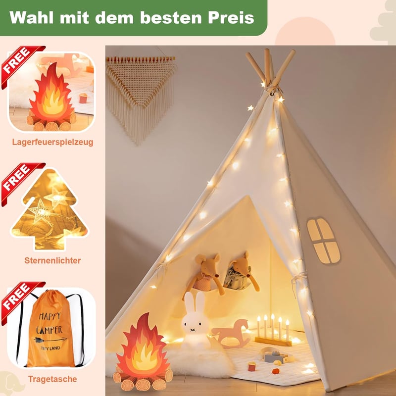 Tiny Land Gyerek Indián Sátor Fényekkel és Tábortűz Játékkal - Mosható Tipis Játszósátor Hordtáskával, Beltéri Játéktér Fiúknak és Lányoknak