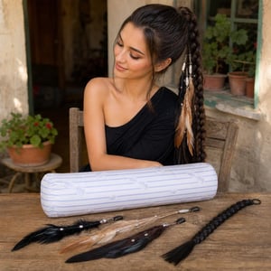 Karnevalový set: 3x pávie sponky + 90 cm perový nákrčník + 66 cm vrkoč