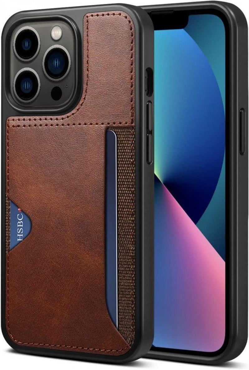 iPhone 14 Pro Max Bőrhatású Pénztárcatáska Kártyatartóval, Sötétbarna
