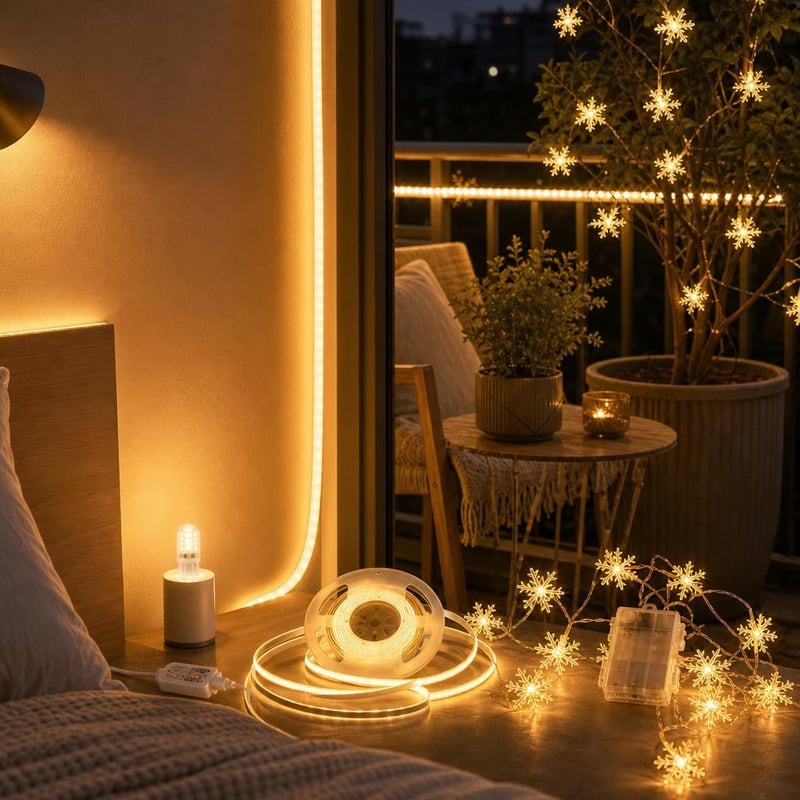 Set iluminat ambiental dormitor: 5m bandă LED + 6m ghirlandă + bec G9