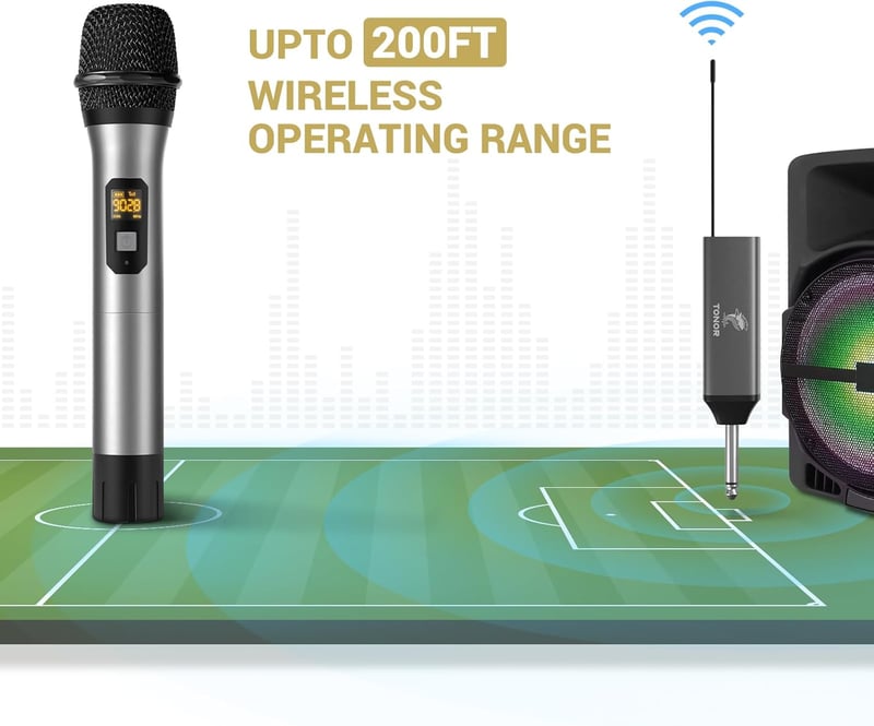 TONOR TW-630 UHF Vezeték Nélküli Mikrofon Szett - Dupla Fém Dinamikus Mikrofon Újratölthető Vevővel Karaoke, Konferencia, Esküvő, DJ Esemény - Silver and silver