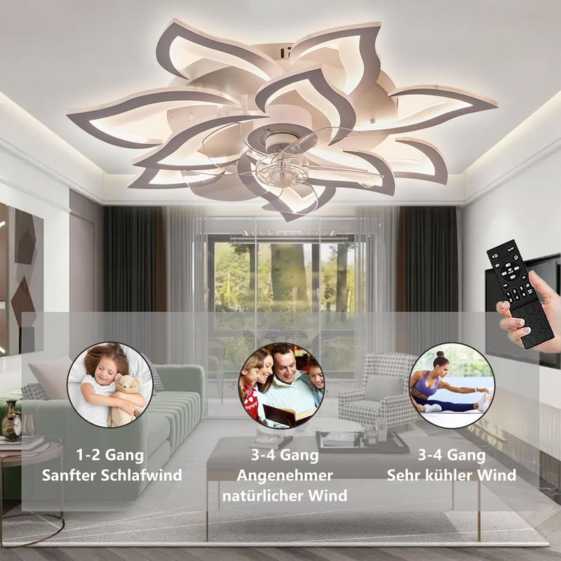 MiiR Virág Alakú Mennyezeti Ventilátor Lámpával - 100W Csendes LED Lámpa 12000LM, 6 Sebességű, Szabályozható Fényerő, Távirányítóval, Nappal
