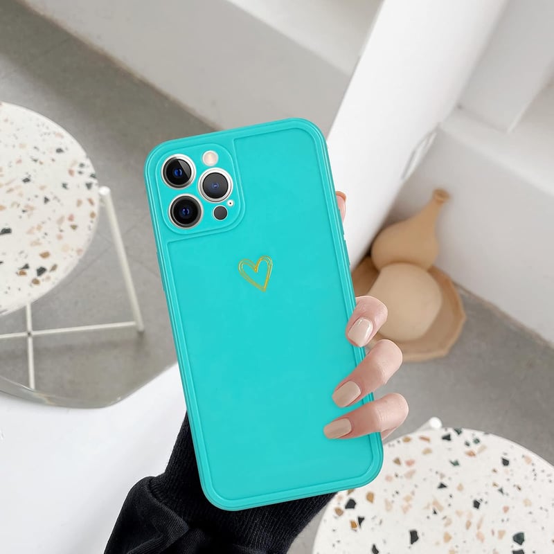 iPhone 12 Pro Max Kékeszöld Lányos Tok - Arany Szívecskés, Ütésálló Szilikon